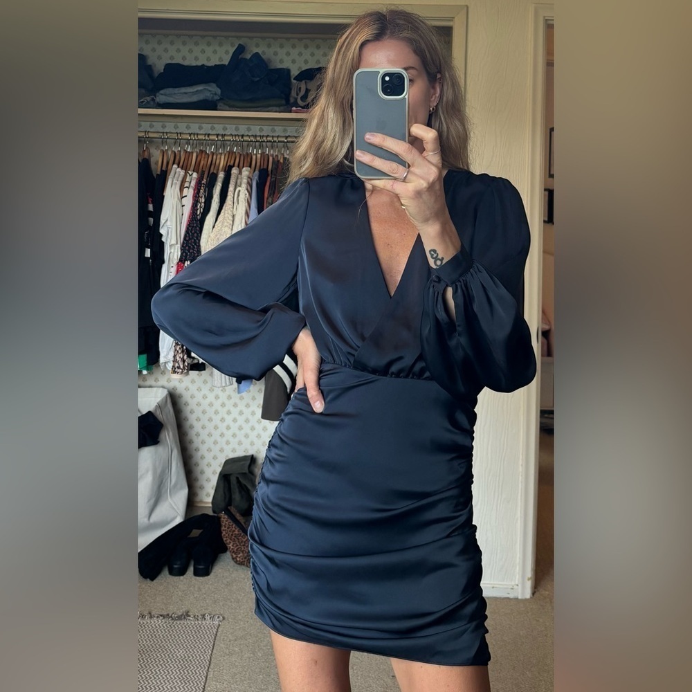 Ramy Brook Foxy Satin Navy Blue Ruched Long Sleeve V Neck Side Zip Mini Dress - Picture 3 of 15